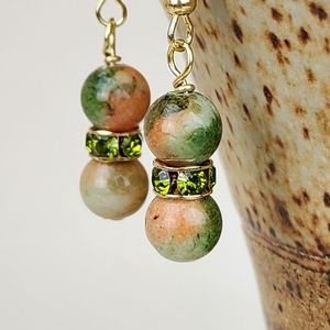 Natural Stone Dangle Earrings, Green & Orange Tones, Rhinestone &‎ Gold Accents